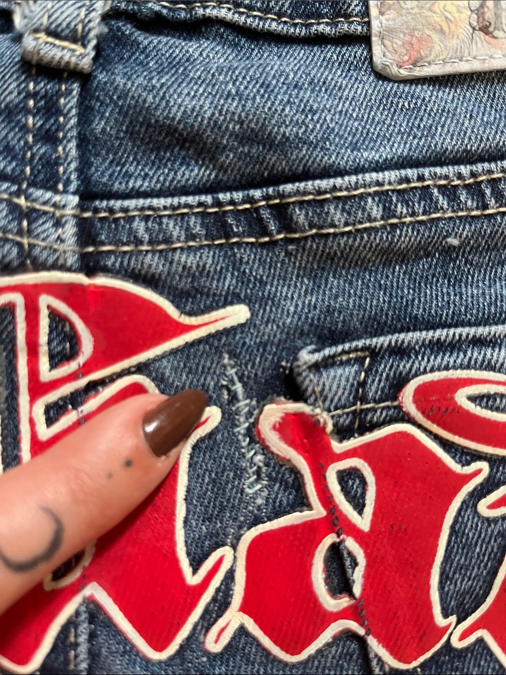 Ed Hardy Blue Denim Flare Jeans with Red Logo & Embroidered Dragon - Picture 8 of 11